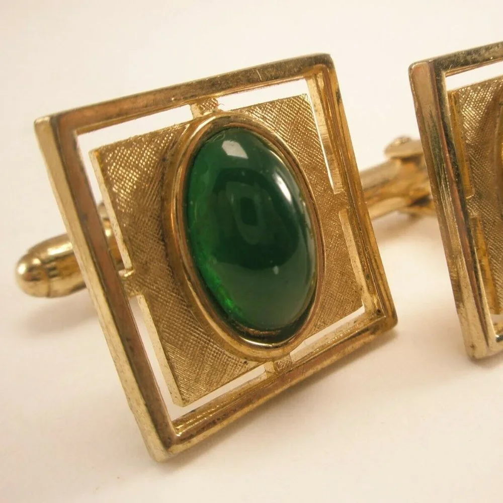 Vintage Anson Oval Green Jade Gold Tone Cuff Links
